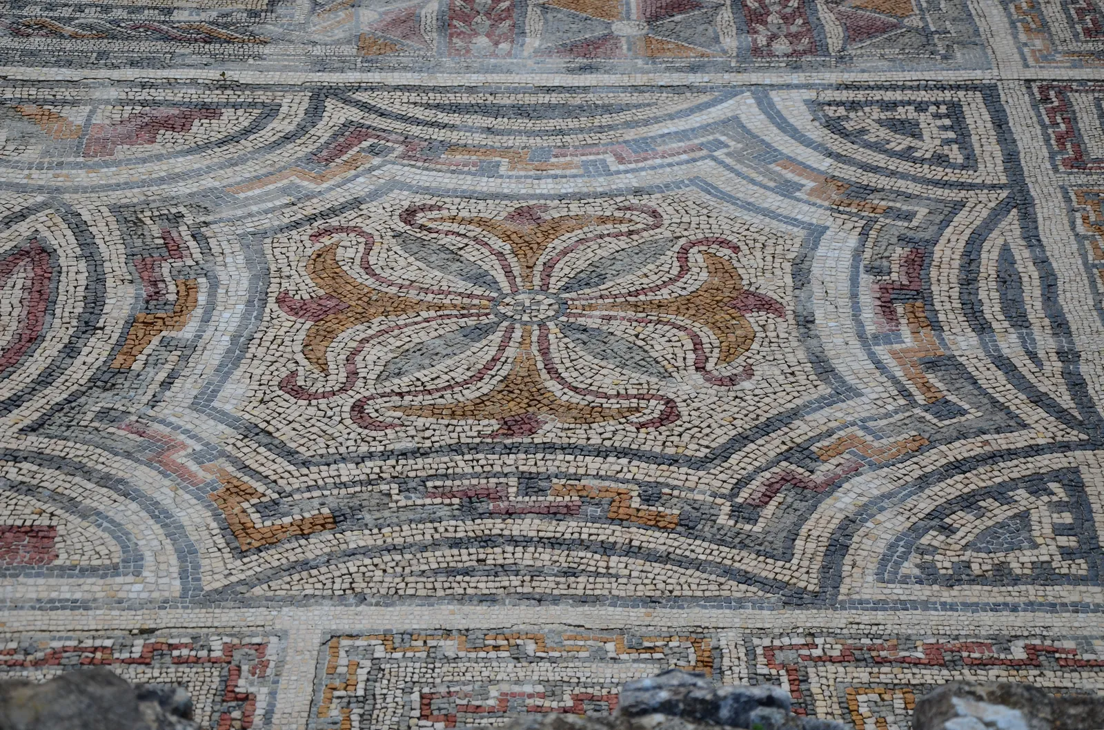 Colourful geometric Roman mosaic floor with a central floral motif in the House of the Swastika at Conímbriga