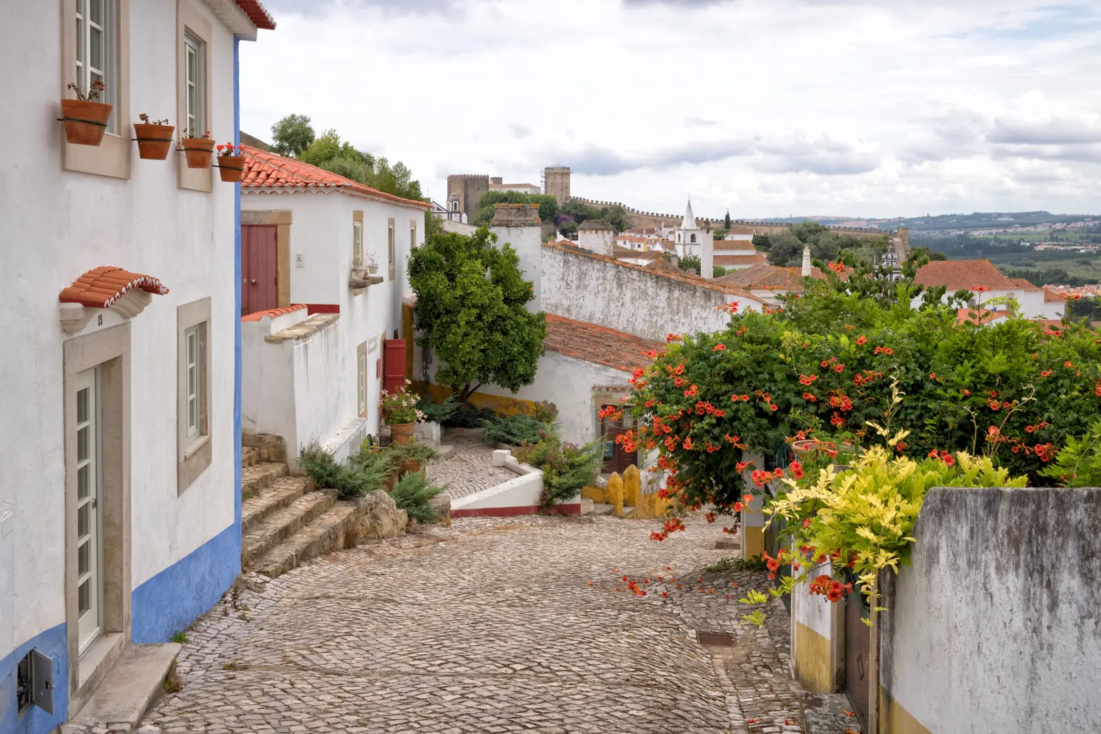 A cobbled lane of whitewashed houses with blue and ochre trim inside the walls of Óbidos